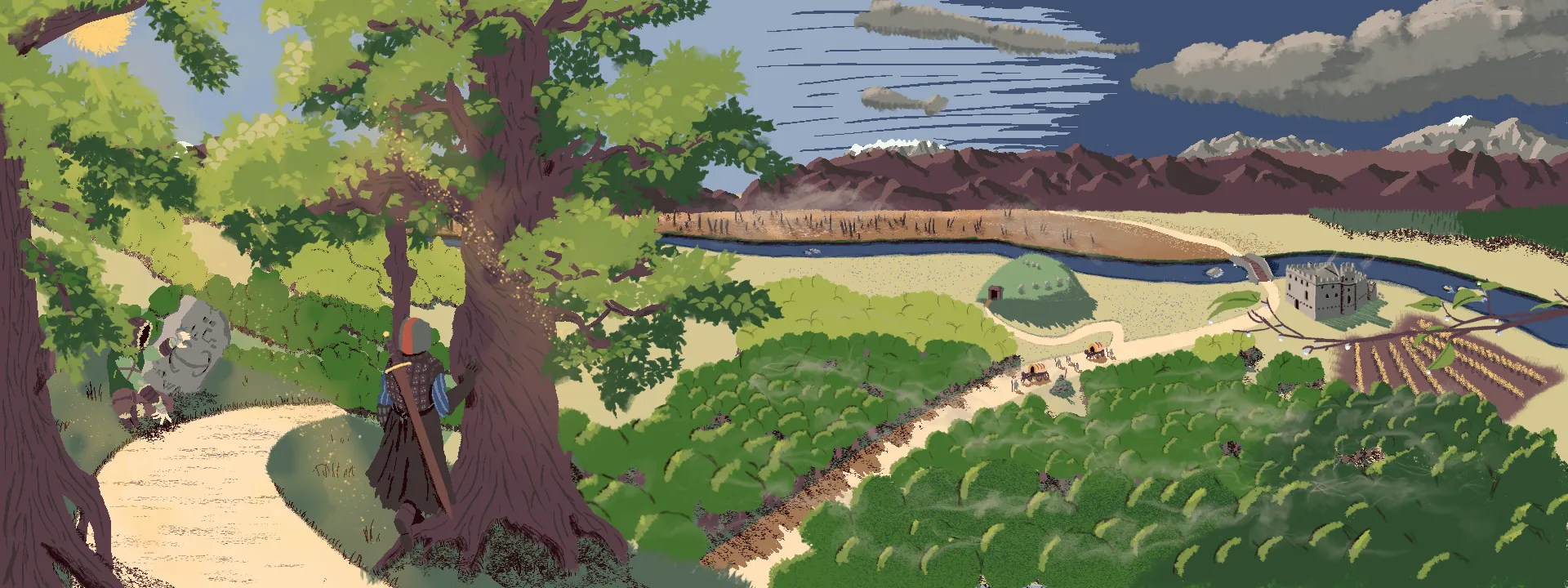 A traveler rests beneath an oak, looking across open fields toward a distant keep.